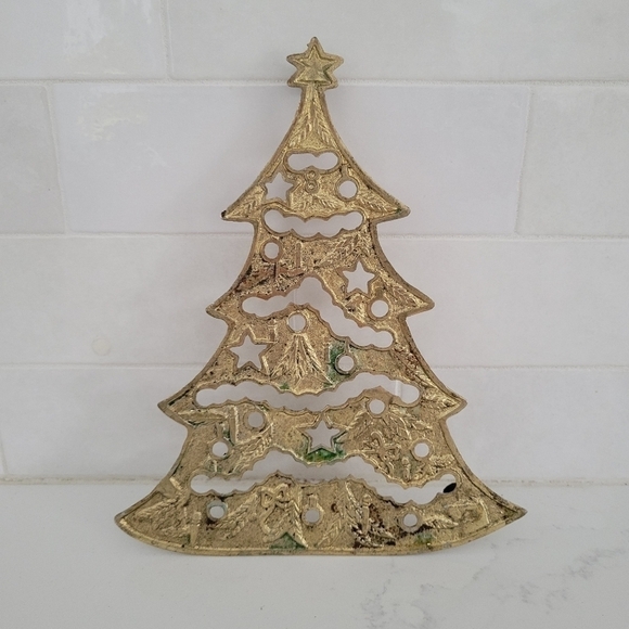 Vintage Other - Vintage Brass Christmas Tree Trivet Gold Star Garland Ornaments